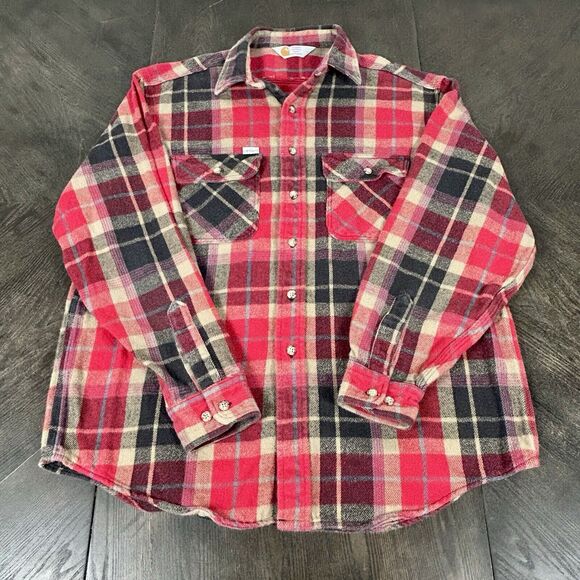 Vtg Carhart Small Red Black Plaid Button-Up Flannel Work Chore GUC - Picture 2 of 9